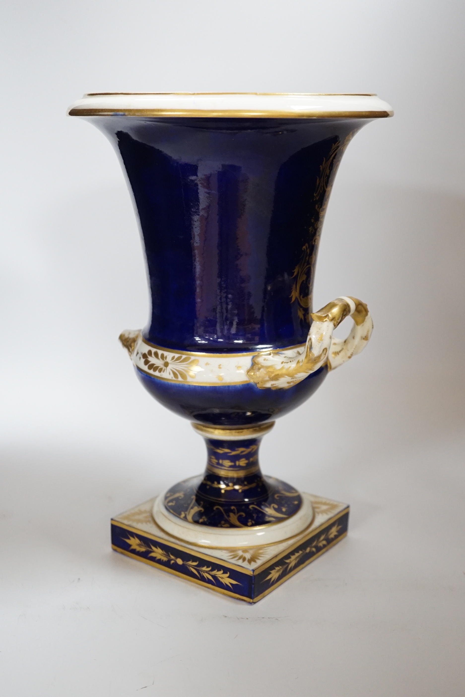 A large Crown Derby campana shaped urn, painted with a view on the river Derwent, circa 1815-20, 33cm